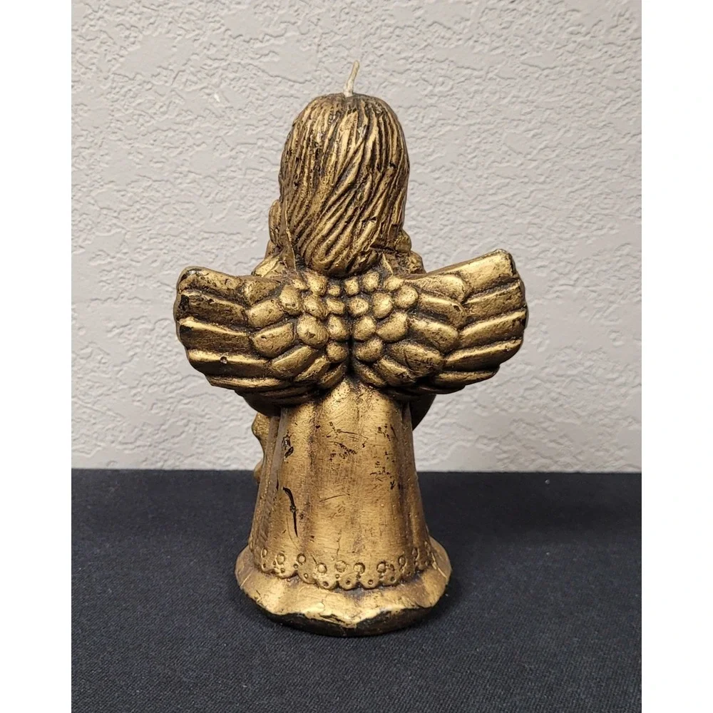 Angel Playing Cello Wax Candle Antique Gold Color 6 Inch Tall
